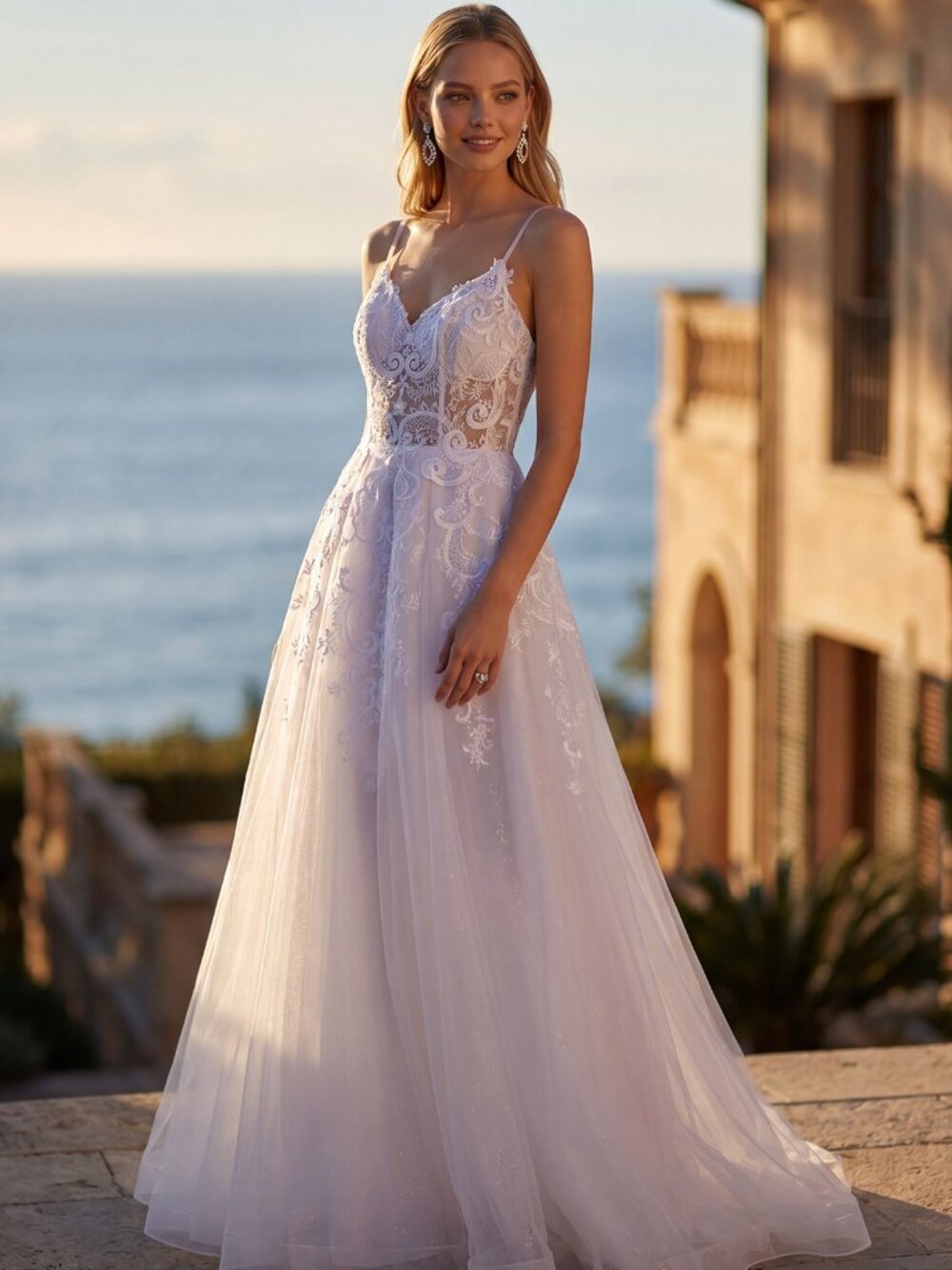 White new long wedding dress. Embroidered bodice with open back white gown